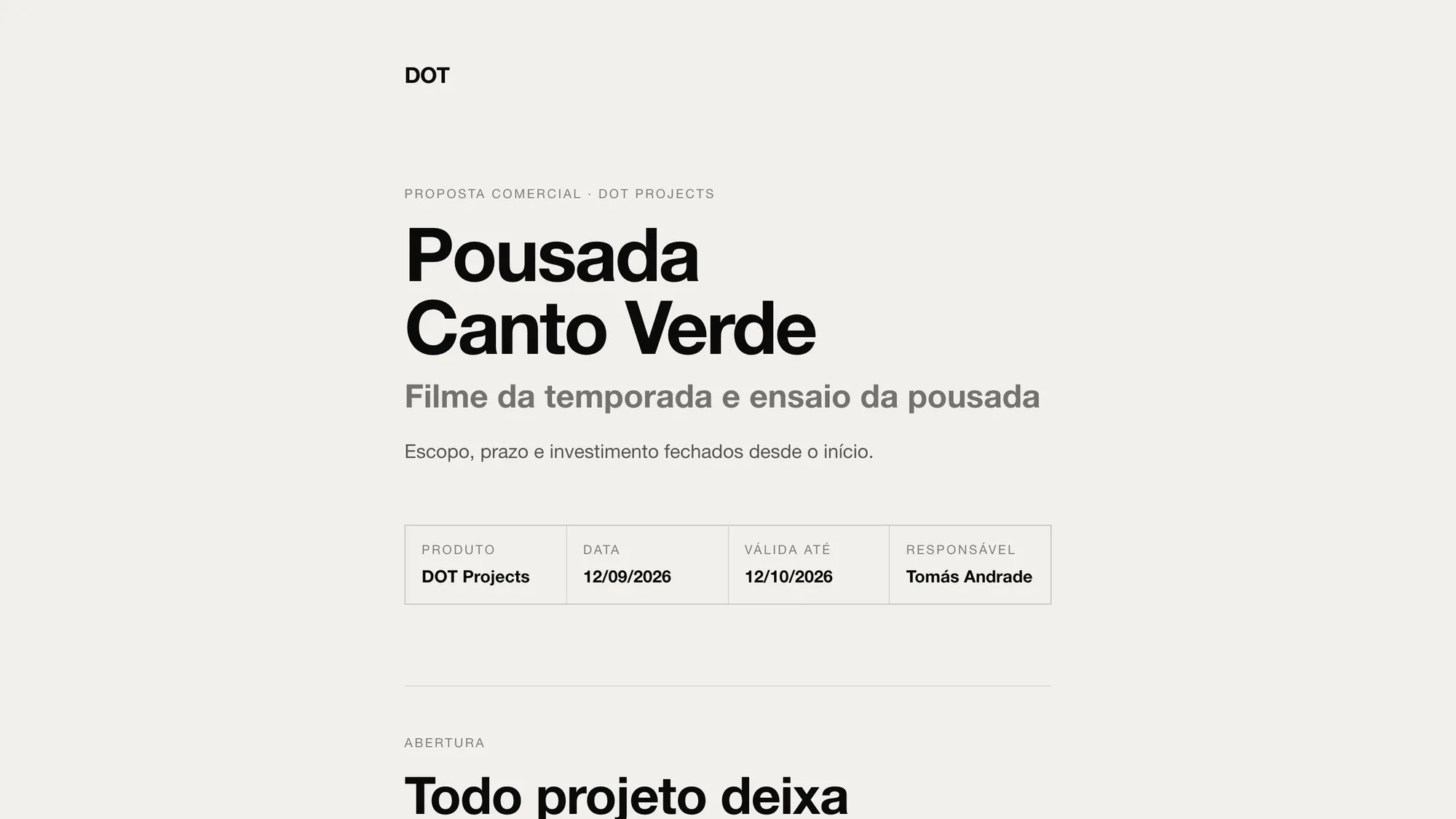 Capa de uma proposta comercial aberta por link, com o nome da empresa como título, o projeto como subtítulo e a ficha de produto, data, validade e responsável.