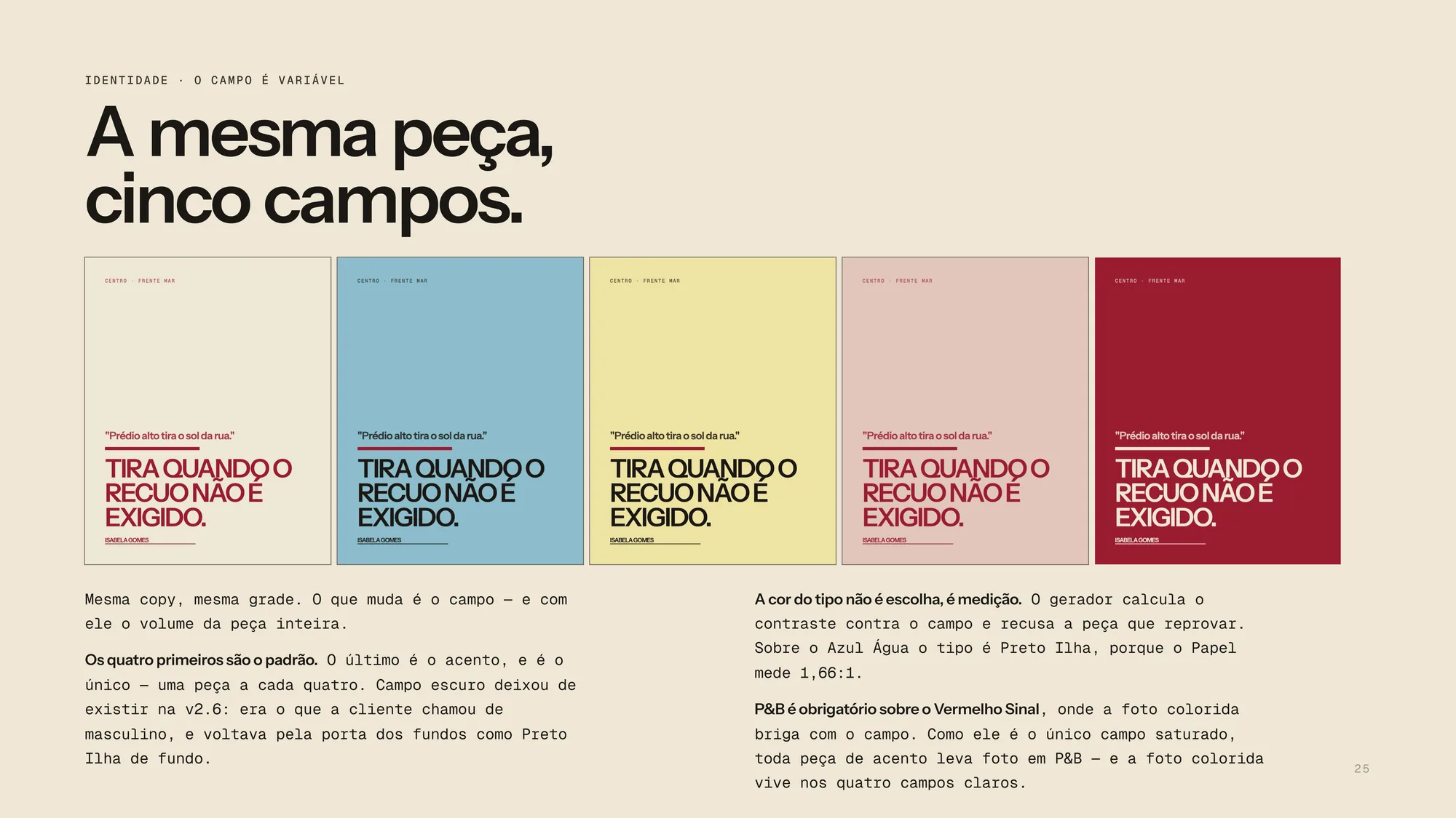 Página do DNA com a mesma peça, 'Tira quando o recuo não é exigido', repetida em cinco fundos: creme, azul-claro, amarelo, rosa e cereja.