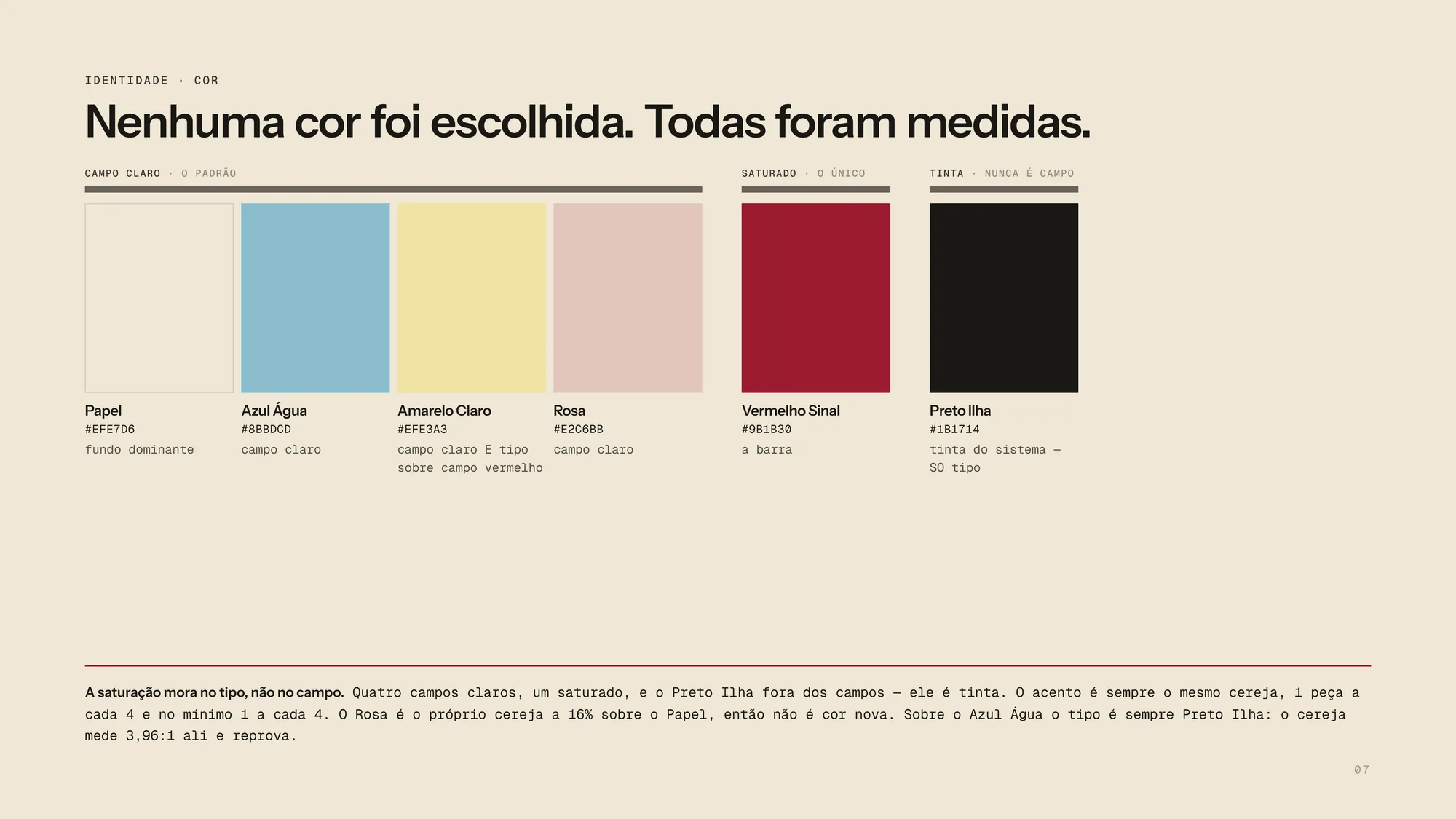Página de cor do DNA: seis amostras chamadas Papel, Azul Água, Amarelo Claro, Rosa, Vermelho Sinal e Preto Ilha, com os códigos hexadecimais.