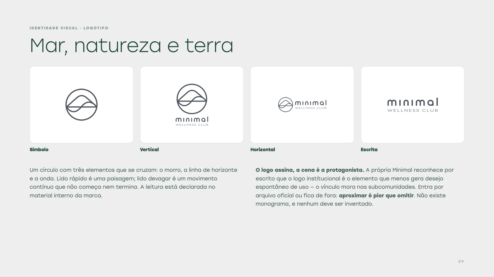 Página de logotipo do DNA com as quatro versões da marca Minimal: símbolo, vertical, horizontal e escrita, em grafite sobre fundo branco.