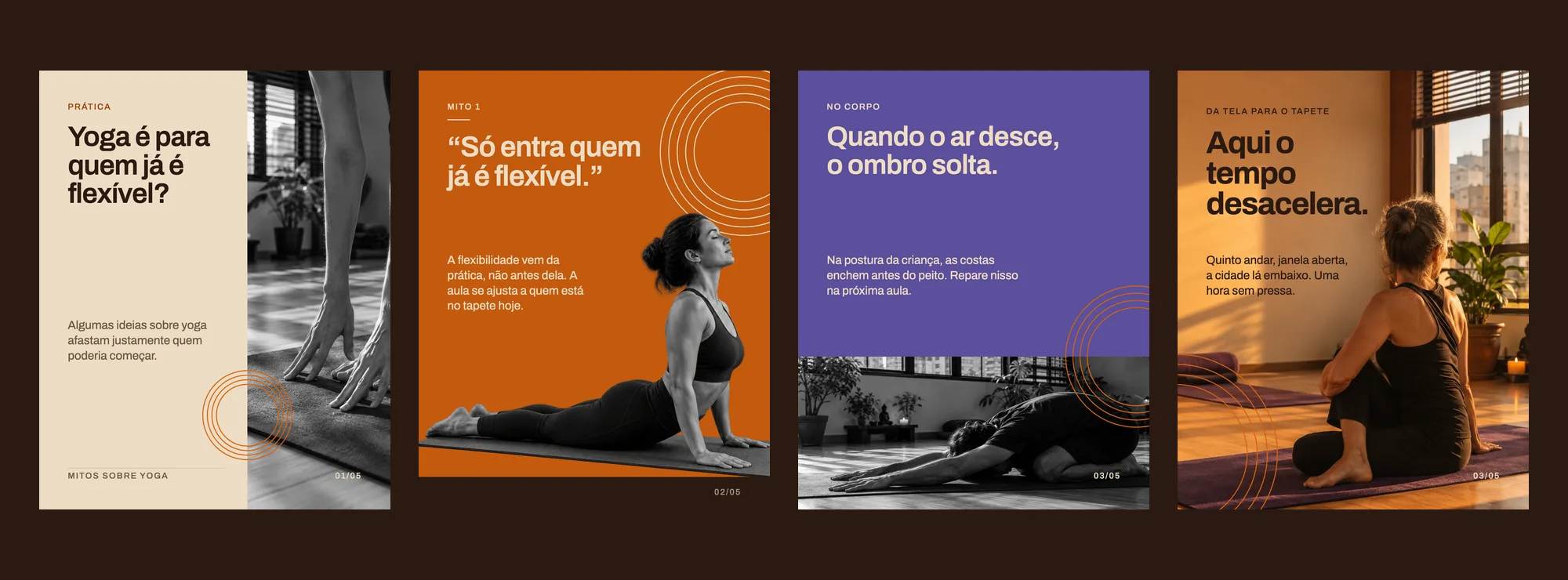 Quatro composições da versão 2.1: tela dividida com mãos num tapete em preto e branco, mulher em postura sobre campo laranja, campo roxo sobre foto de postura da criança, e mulher sentada de costas numa sala com parede iluminada.
