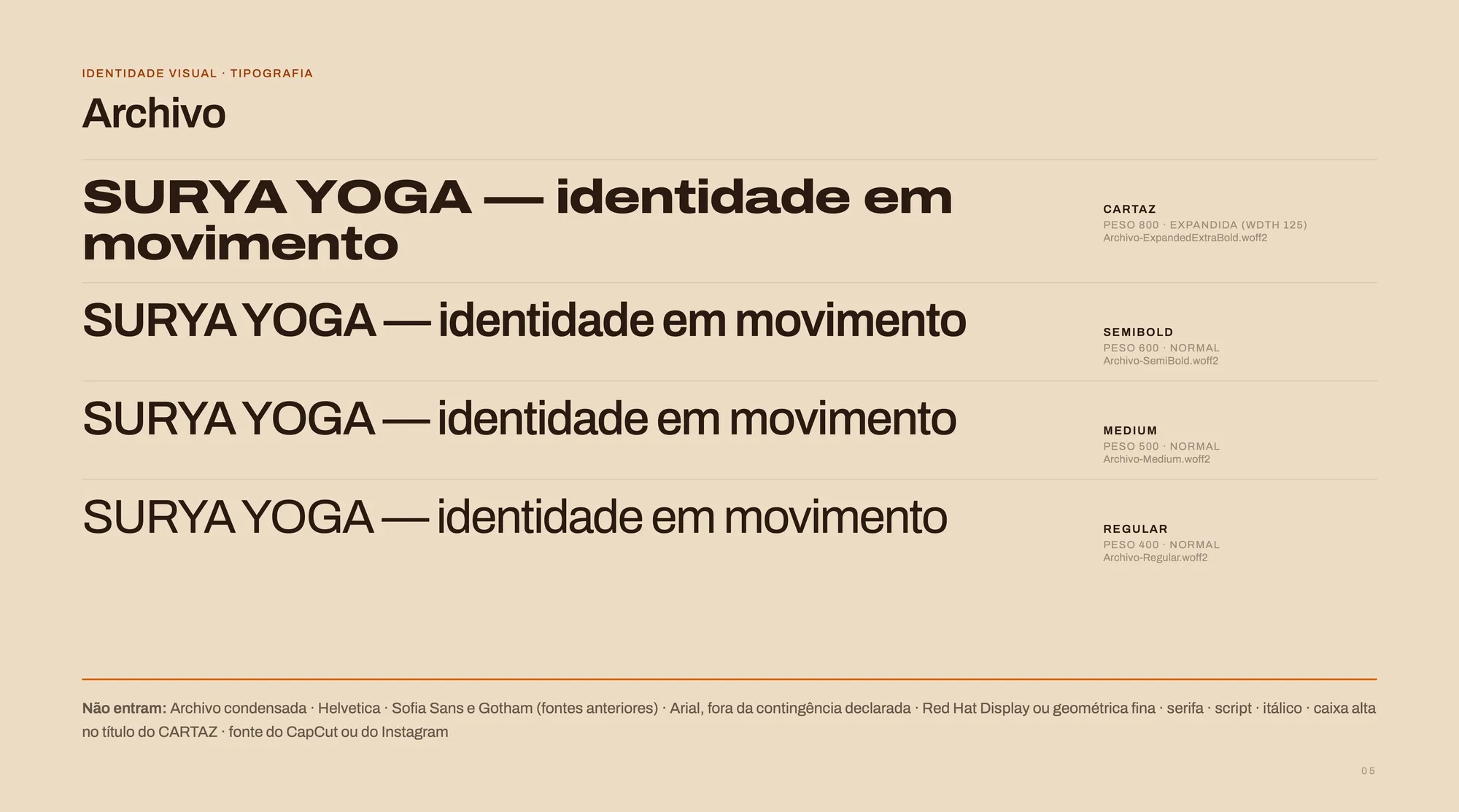 Página de tipografia do DNA: a frase SURYA YOGA identidade em movimento em quatro estilos da Archivo, do expandido extra-pesado ao regular, e a lista das fontes que não entram.